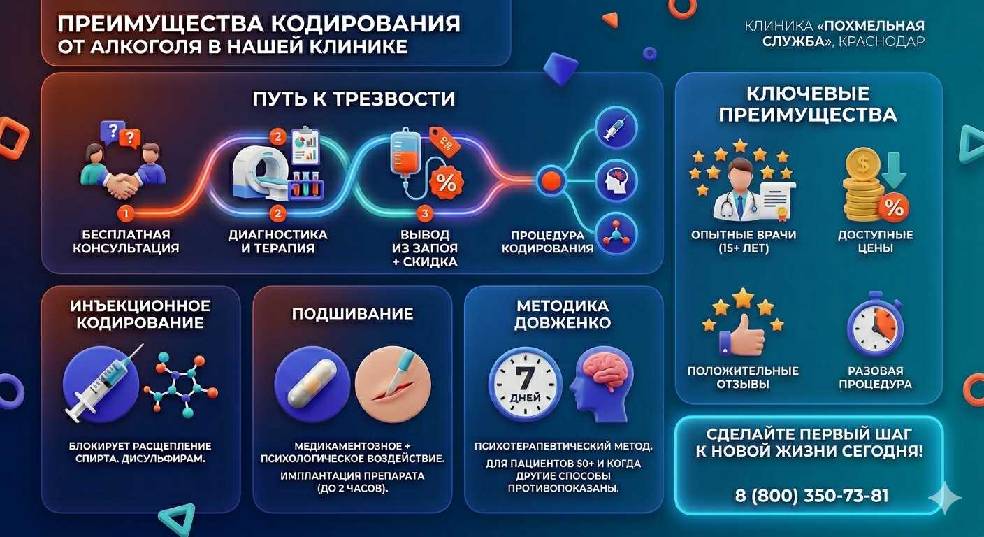 Инфографика о методах кодирования от алкоголя в Зеленоградске: инъекции, подшивание, метод Довженко. Преимущества клиники и этапы лечения.