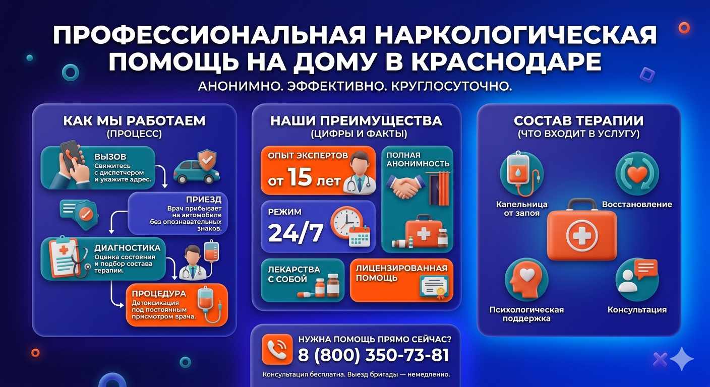 Инфографика о принципах лечения алкоголизма на дому в Зеленоградске: этапы вызова нарколога, преимущества анонимной детоксикации и состав медицинской помощи.
